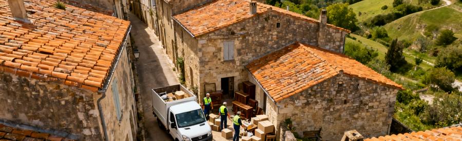 Intervention Professionnelle Village Lotois 46 Débarrasseurs professionnels chargeant meubles dans ruelle médiévale typique du Lot avec camionnette