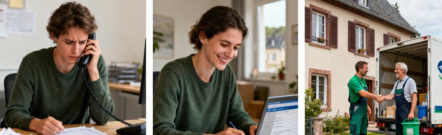 Processus simplifié SuperDebarras en Moselle : abandon des appels téléphoniques frustrés, inscription en ligne facile, puis rencontre avec professionnel de débarras qualifié