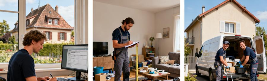 Les trois étapes du débarras à Mulhouse : formulaire en ligne, visite d'évaluation, enlèvement professionnel par camionnette.