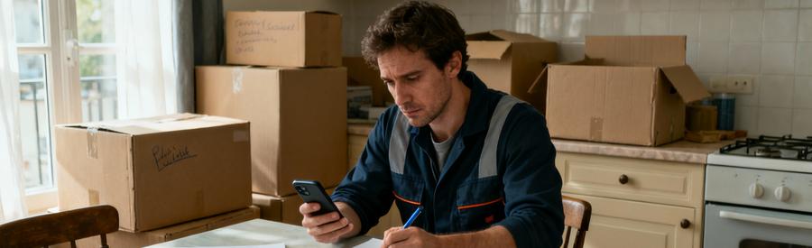 Personne Compare Offres Debarrasseurs Goussainville Personne comparant plusieurs offres de débarrasseurs à Goussainville en prenant des notes sur carnet