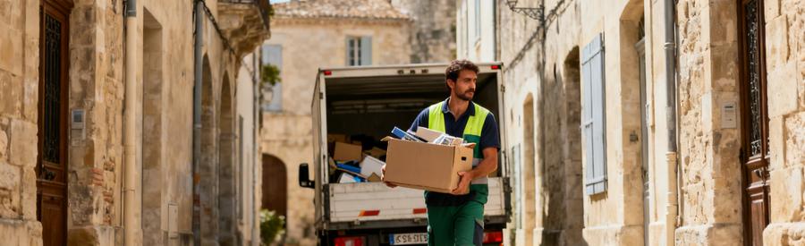 Portage Manuel Centre Historique Lunel Professionnel du débarras portant des cartons dans une ruelle étroite du centre historique de Lunel