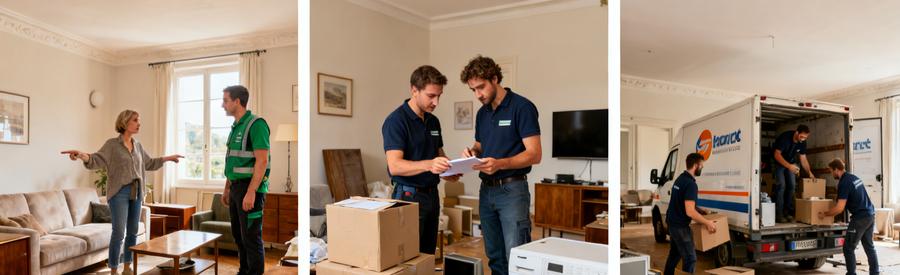 Processus de débarras en trois étapes : description du besoin, évaluation professionnelle, évacuation et chargement des encombrants