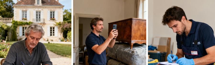 Les 4 étapes du débarras dans le Pas-de-Calais : description du besoin, photos des encombrants, visite du professionnel et estimation personnalisée.