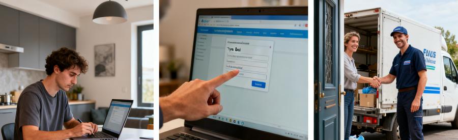 Processus Demande Debarras Compiègne Formulaire Processus en 3 étapes pour lancer une demande de débarras à Compiègne : remplissage du formulaire en ligne, validation des informations, arrivée du professionnel.