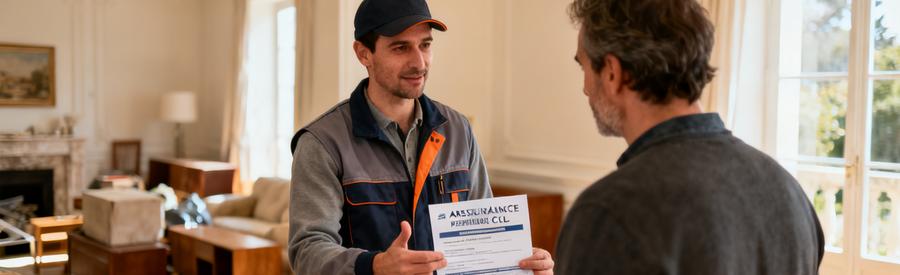 Professionnel Assure Presentation Attestation Meudon Professionnel de débarras à Meudon présentant son attestation d'assurance responsabilité civile à un client