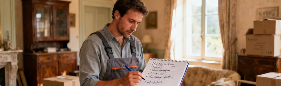 Débarrasseur professionnel consultant plusieurs offres sur carnet lors d'une évaluation de vide-maison à Auch