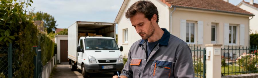 Professionnel du débarras vérifiant planning d'intervention devant maison avec camionnette en arrière-plan