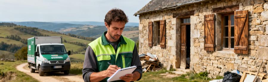 Professionnel Debarras Ferme Isolee Aveyron Débarrasseur préparant intervention devant ferme traditionnelle isolée sur plateau aveyronnais