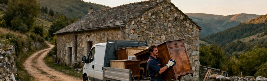 Professionnel Debarras Ferme Pierre Montagne Lozere Débarrasseur chargeant meubles dans camionnette devant ferme en pierre en Lozère, relief montagneux en arrière-plan