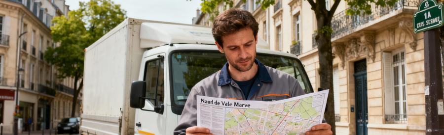 Professionnel Debarras Local Nogent Val De Marne Débarrasseur professionnel consultant un plan de Nogent-sur-Marne devant sa camionnette dans une rue du Val-de-Marne