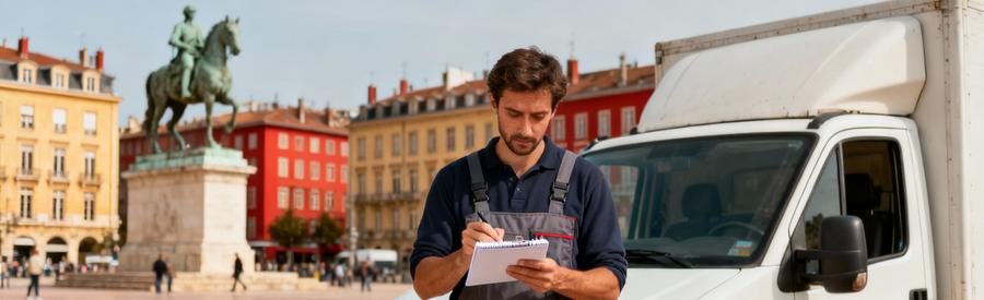 Professionnel du débarras avec camionnette Place Bellecour à Lyon, prêt pour une intervention locale