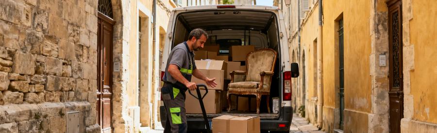 Professionnel Debarras Ruelle Etroite Centre Avignon Débarrasseur chargeant mobilier dans utilitaire compact, ruelle pavée étroite du centre historique d'Avignon