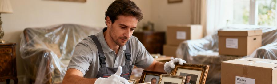 Débarrasseur manipulant avec respect une boîte de souvenirs familiaux lors d'un vide-maison après décès à Thiais
