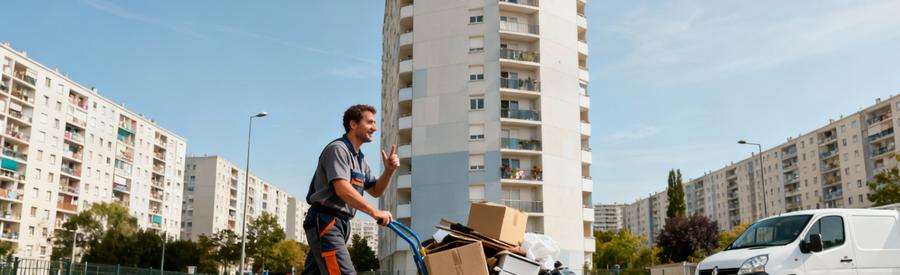 Débarrasseur professionnel chargeant encombrants devant tour d'habitation à Évry-Courcouronnes