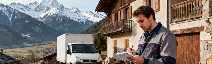 Débarrasseur vérifiant ses notes devant une maison de montagne dans les Hautes-Pyrénées avec les Pyrénées en fond