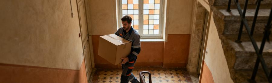 Professionnel Escalier Immeuble Ancien Occitanie Débarrasseur professionnel descendant un escalier étroit d'immeuble ancien en Occitanie avec carton volumineux