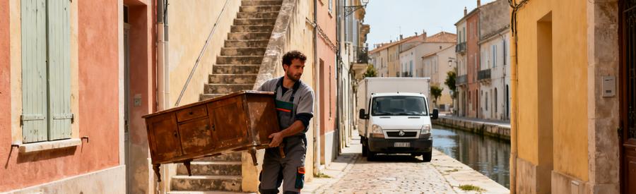 Professionnel transportant un meuble dans une ruelle étroite du centre historique de Sète en Hérault