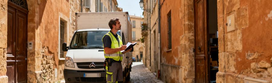 Professionnel Evaluation Acces Rue Etroite Occitanie Débarrasseur professionnel évaluant l'accès dans une rue étroite du centre historique en Occitanie