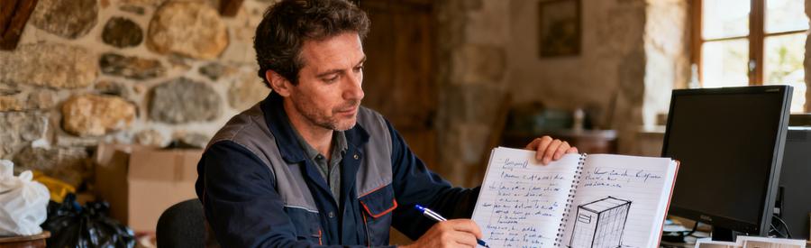 Professionnel Evaluation Demenagement Aveyron Professionnel évaluant un projet de vide-maison avec carnet et documents dans une habitation traditionnelle aveyronnaise
