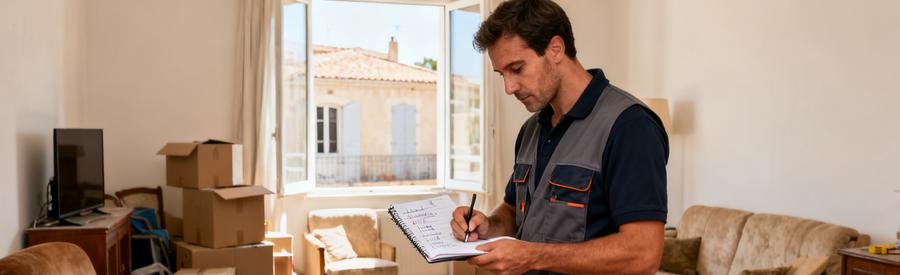 Professionnel Evaluation Encombrants Agde Professionnel évaluant des encombrants avec carnet dans un intérieur à Agde pour établir une offre de service