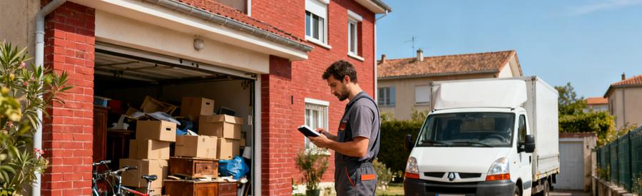 Professionnel Evaluation Encombrants Pavillon Colomiers Débarrasseur professionnel évaluant les encombrants devant un pavillon à Colomiers en Haute-Garonne