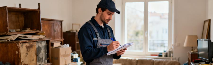 Professionnel Evaluation Encombrants Venissieux Débarrasseur professionnel évaluant des encombrants dans un intérieur à Vénissieux pour établir un tarif précis