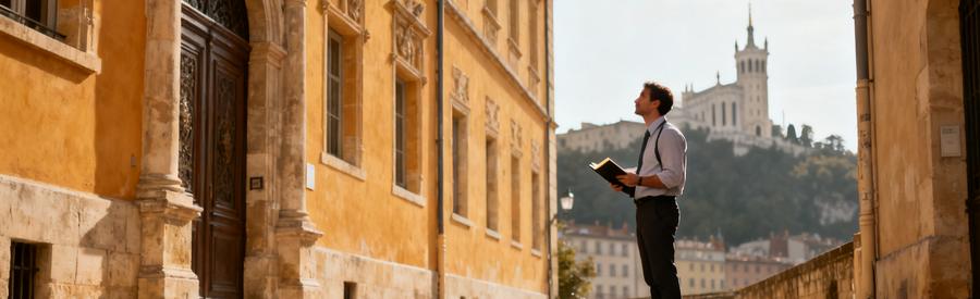 Professionnel Evaluation Immeuble Vieux Lyon 5eme Professionnel évaluant un immeuble Renaissance dans le Vieux-Lyon 5ème avec la basilique de Fourvière en arrière-plan