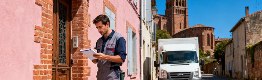 Professionnel Evaluation Intervention Maison Brique Rose Albi Tarn Professionnel du débarras évaluant les contraintes d'accès devant une maison en brique rose dans le centre historique d'Albi