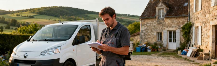 Professionnel Evaluation Maison Quercy Vallee Lot Débarrasseur professionnel évaluant une intervention devant maison en pierre dans la vallée du Lot