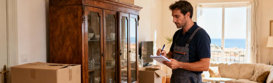 Débarrasseur professionnel évaluant meubles et objets dans un salon à Sète avec carnet et stylo