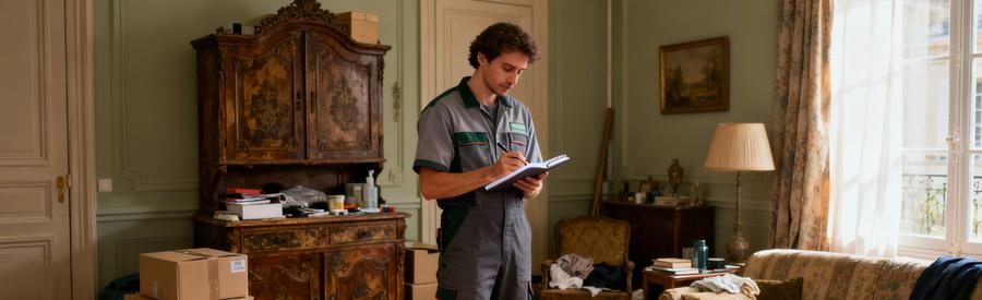 Professionnel Evaluation Situation Encombrement Professionnel évaluant différentes situations d'encombrement dans un intérieur à Nogent-sur-Marne pour adapter son intervention