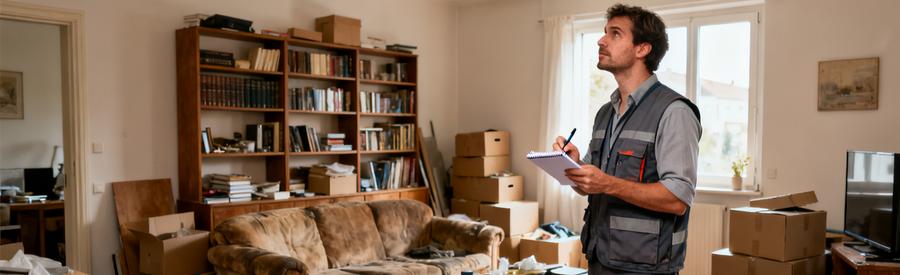 Professionnel Evaluation Volume Appartement Ermont Professionnel évaluant les volumes d'un appartement encombré à Ermont pour établir un tarif de débarras précis