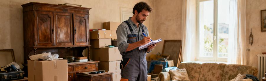 Professionnel évaluant le volume d'encombrants dans un logement à Narbonne avec carnet de notes