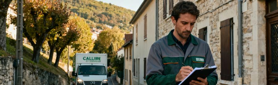 Professionnel Evalue Acces Rue Pentue Caluire Débarrasseur professionnel évaluant l'accès d'une maison dans une rue en pente typique de Caluire-et-Cuire