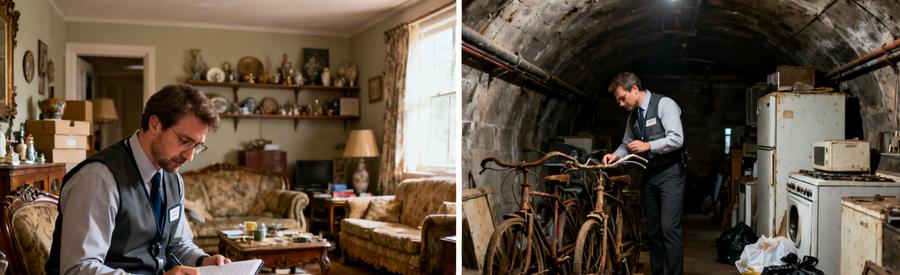 Professionnel Evalue Objets Succession Cave Débarrasseur professionnel évaluant mobilier et encombrants dans différents espaces d'un logement à vider