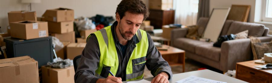 Professionnel du débarras comparant plusieurs estimations sur carnet dans un salon encombré à Évry-Courcouronnes