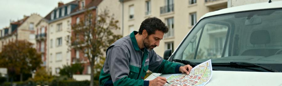 Professionnel Intervention Locale Bezons Val Oise Débarrasseur consultant plan d'intervention devant camionnette à Bezons, quartier résidentiel Val-d'Oise en arrière-plan