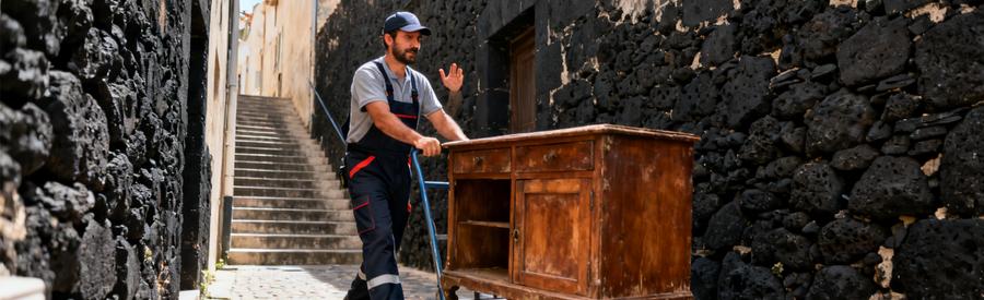 Professionnel Portage Meuble Ruelles Etroites Agde Débarrasseur transportant mobilier dans ruelle pavée étroite d'Agde avec murs en pierre volcanique noire