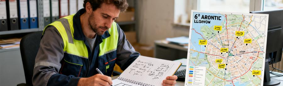 Professionnel Preparation Offre Chiffree Lyon 6 Professionnel préparant une offre chiffrée avec carte du 6ème arrondissement de Lyon et carnet de notes