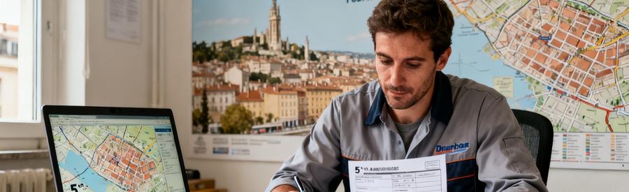 Professionnel Preparation Offre Formulaire Lyon 5 Débarrasseur professionnel analysant formulaire client pour préparer offre chiffrée secteur Lyon 5ème arrondissement