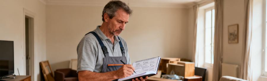 Professionnel Qualifie Evaluation Mobilier Ermont Professionnel qualifié consultant ses notes lors d'une évaluation de mobilier à évacuer dans un intérieur à Ermont