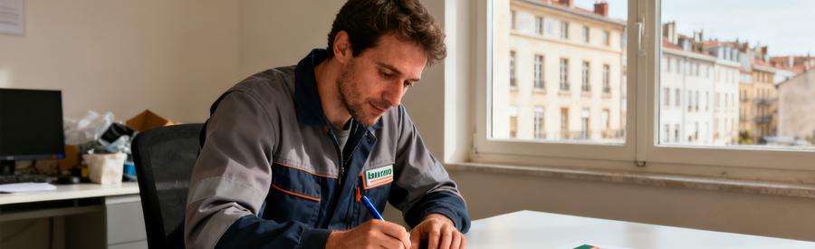 Professionnel Redaction Offre Detaillee Lyon 7 Professionnel du débarras préparant une offre détaillée sur bloc-notes dans bureau à Lyon 7ème