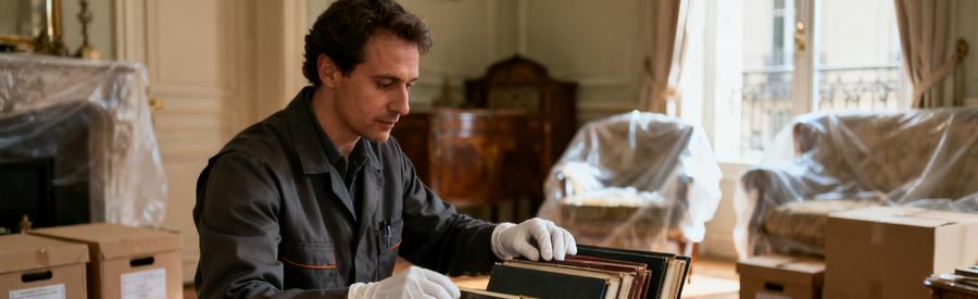 Professionnel Succession Manipulation Objets Personnels Montrouge Professionnel manipulant avec soin objets personnels lors succession à Montrouge, respect et délicatesse