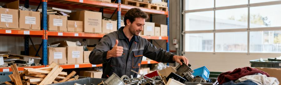 Professionnel Tri Selectif Encombrants Recyclage Professionnel triant encombrants par matériaux dans centre de recyclage, bacs séparés pour bois métaux plastiques textiles