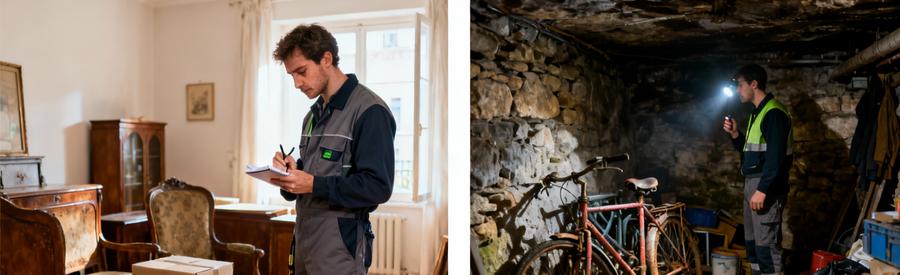 Professionnels Evaluation Appartement Cave Choisy Professionnels évaluant différents types de biens à vider : appartement encombré et cave à Choisy-le-Roi