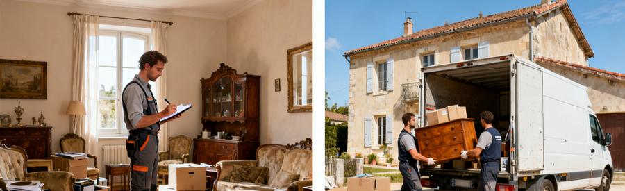 Débarrasseurs professionnels évaluant puis chargeant meubles et cartons lors d'une prestation à Auch dans le Gers