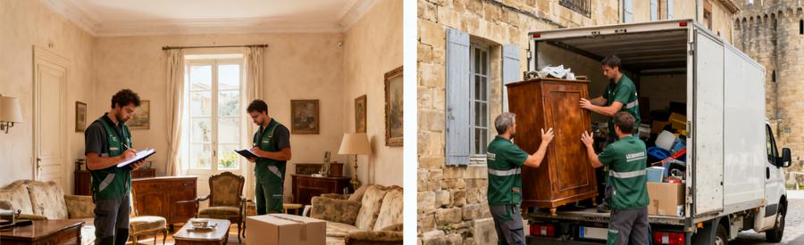 Professionnels Evaluation Chargement Succession Carcassonne Débarrasseurs professionnels évaluant puis chargeant meubles et objets lors d'une succession à Carcassonne