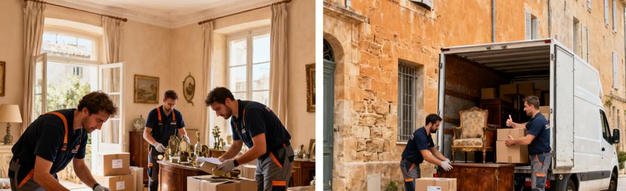 Professionnels Tri Succession Avignon Chargement Équipe de débarrasseurs triant objets de succession puis chargeant camionnette à Avignon, intervention respectueuse