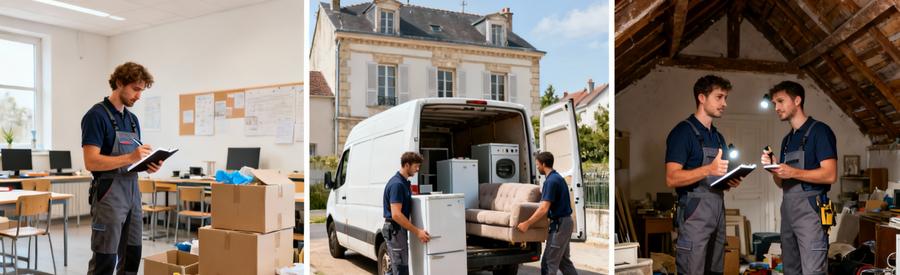 Professionnels Tri Volumes Differents Habitations Débarrasseurs intervenant sur trois types de biens : studio, pavillon et grenier familial au Kremlin-Bicêtre