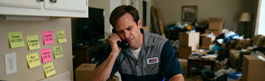 Personne fatiguée cherchant un professionnel par téléphone, entourée de notes et contacts, illustrant la difficulté